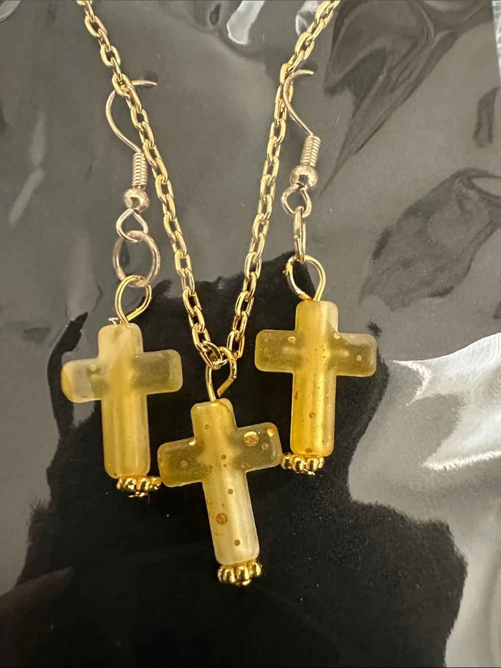 New Gold-Tone Yellow Kids Cross Pendant Necklace & Earring Set